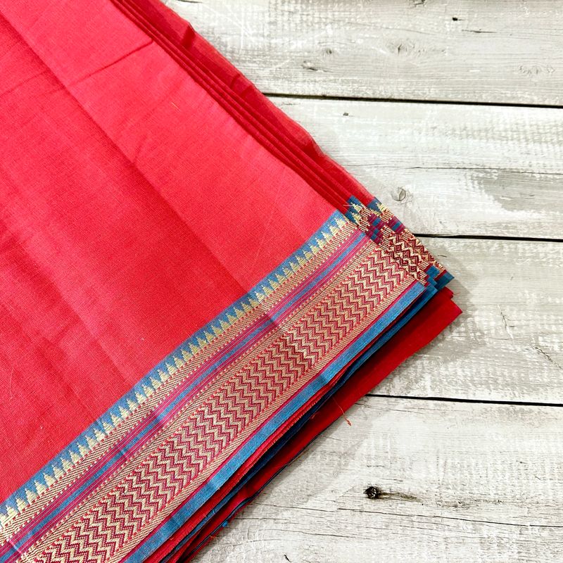 Handloom Cotton Fabric - Tomato Red with Traditional Zari Border