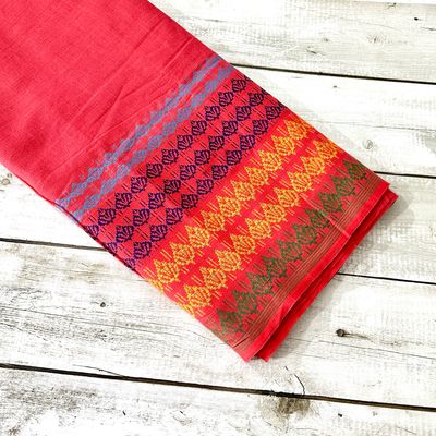Red Handloom Fabric With Wide Woven Border