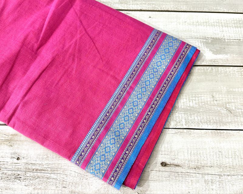 Handloom Cotton Fabric - Magenta Pink with Traditional Zari Border