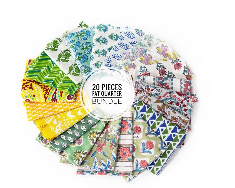 Hand Block Printed Cotton Fabric Bundle - 20 Assorted Patterns for Quilting and Crafting