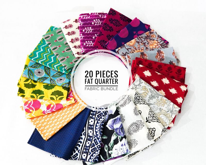 Mix Color Hand Block Printed Cotton Fabric Bundle - 20 Assorted Patterns for Quilting and Crafting