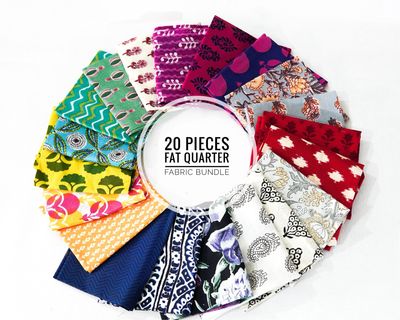 Mix Color Hand Block Printed Cotton Fabric Bundle - 20 Assorted Patterns for Quilting and Crafting