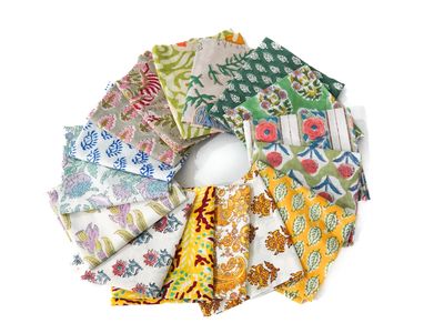 Mix Color Hand Block Printed Cotton Fabric Bundle - 16 Assorted Patterns for Quilting and Crafting