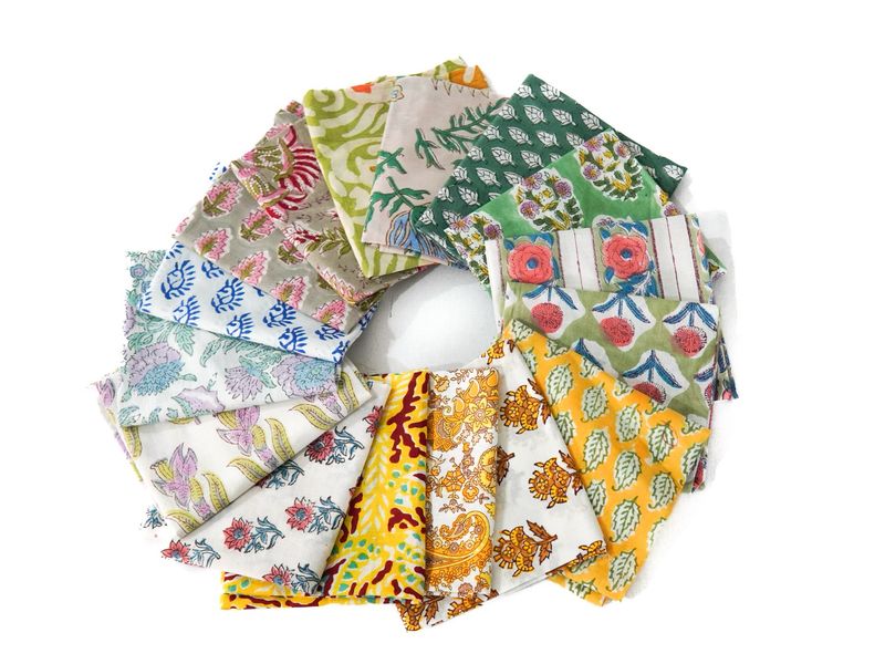 Mix Color Hand Block Printed Cotton Fabric Bundle - 16 Assorted Patterns for Quilting and Crafting