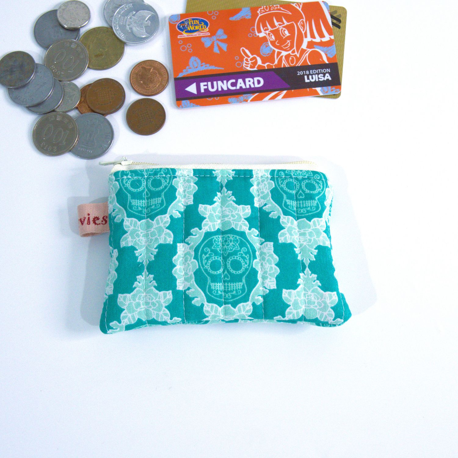Quilted Coin Pouch - Mint Green Retro Sugar Skull Print