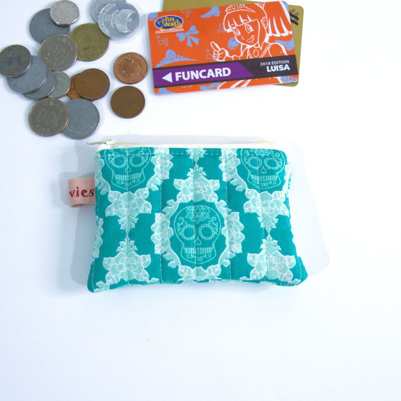 Quilted Coin Pouch - Mint Green Retro Sugar Skull Print