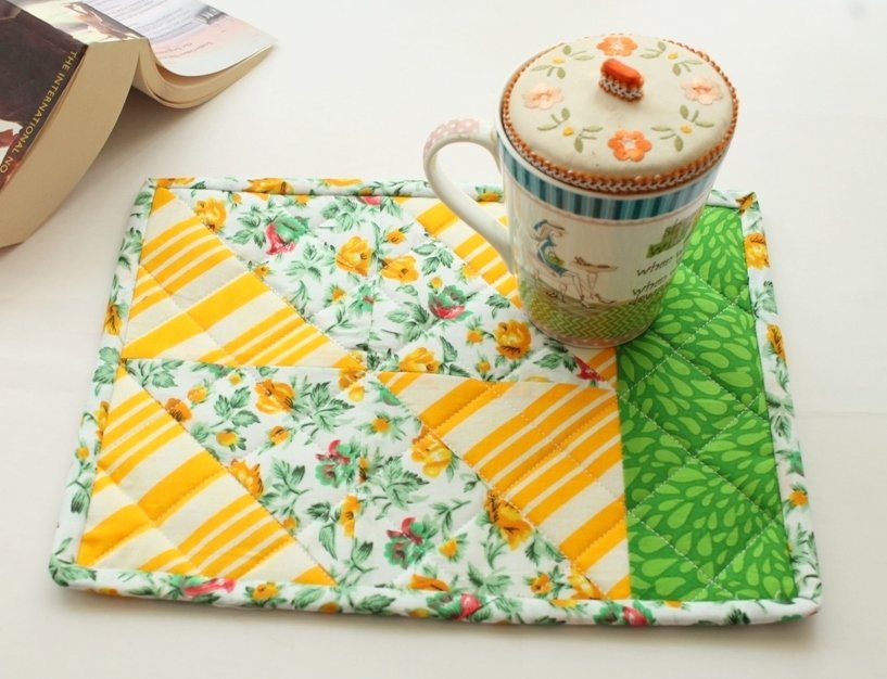 Yellow and Green Quilted Patchwork Mug Rug
