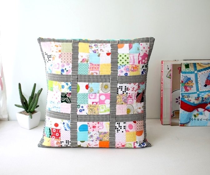 Handmade Scrappy patchwork cushion cover 16 x 16 inches