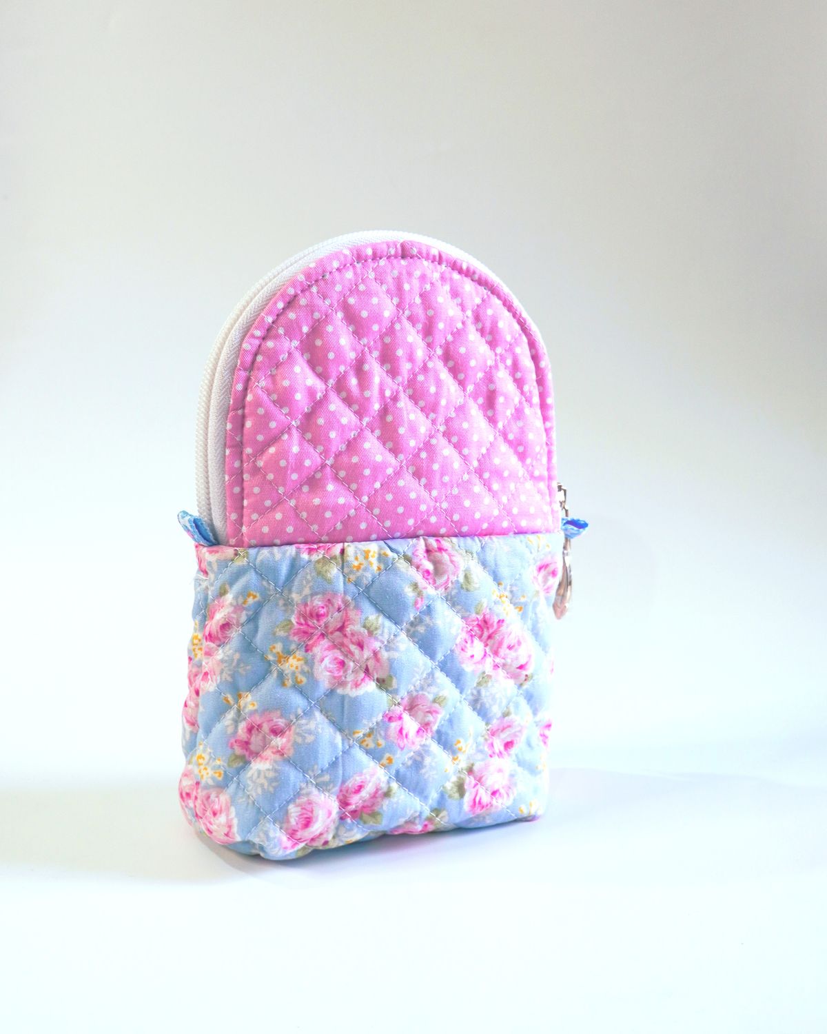 Pink Blue Stand Up Zipper Pouch - Floral Polka Dots