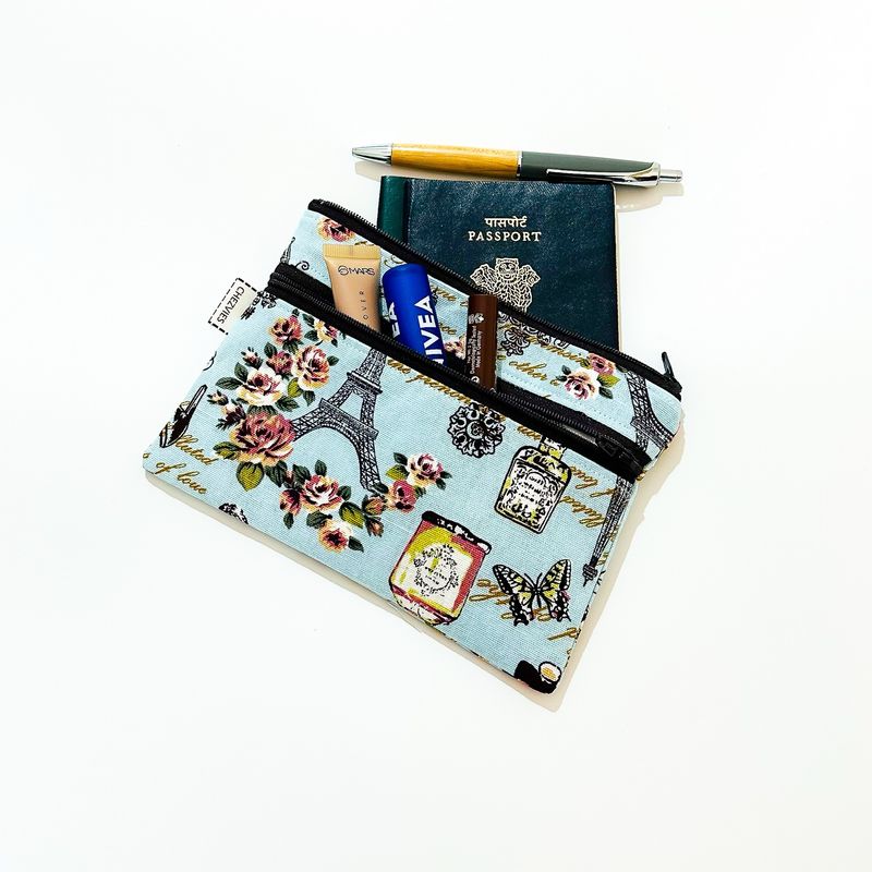 Handmade Double Zipper Travel Pouch - Blue Paris