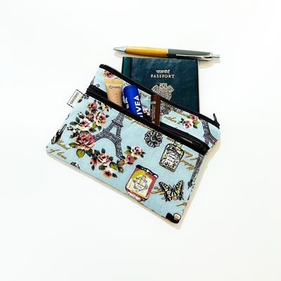 Handmade Double Zipper Travel Pouch - Blue Paris