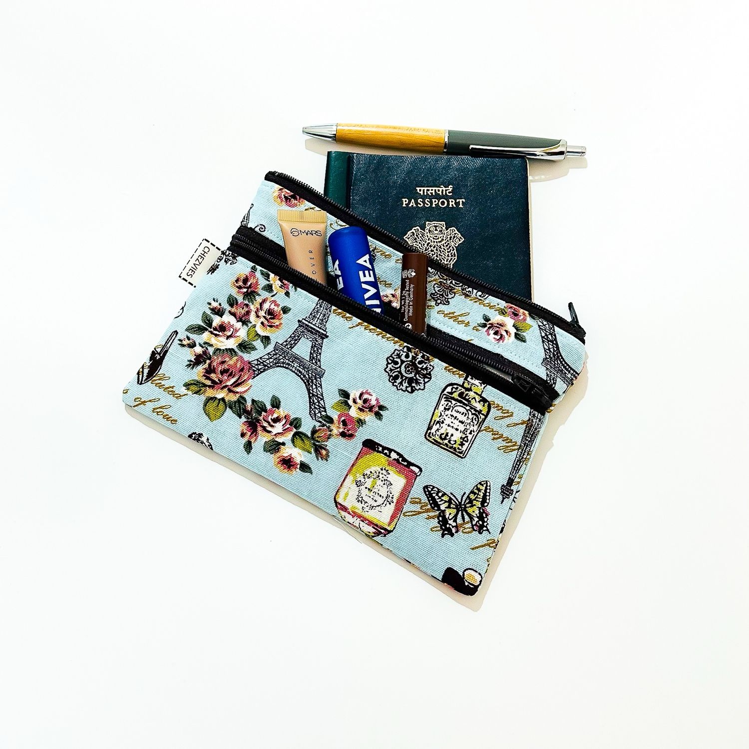 Handmade Double Zipper Travel Pouch - Blue Paris