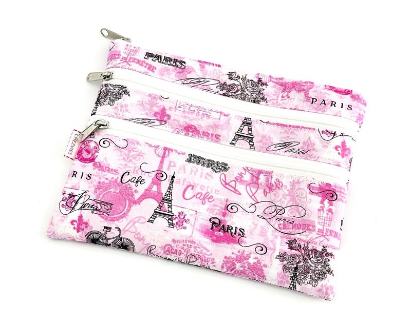 Handmade Triple Zipper Pouch - Pink Paris Cafe