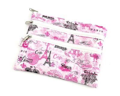 Handmade Triple Zipper Pouch - Pink Paris Cafe