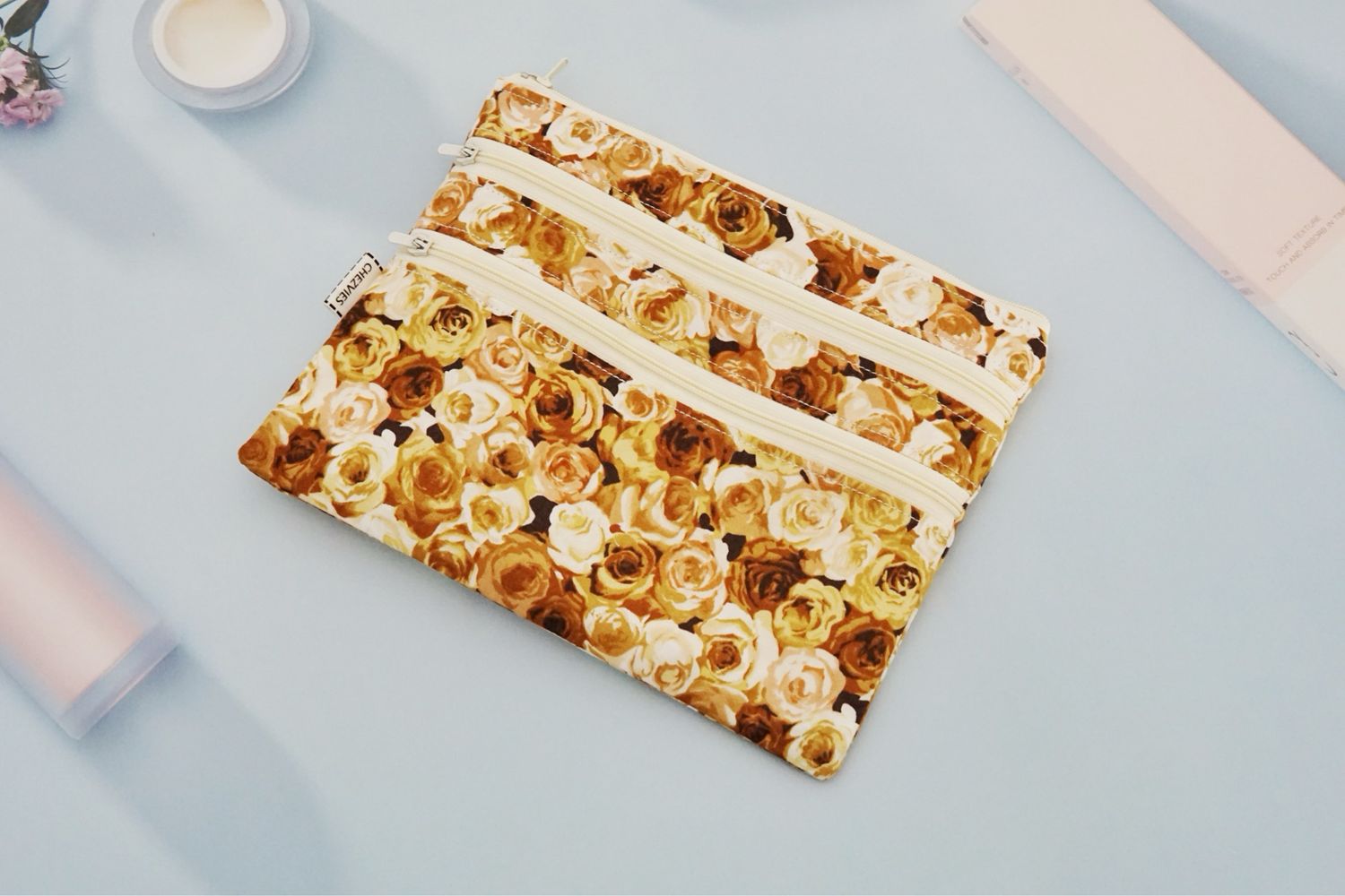 Triple Zipper Bag - Brown Floral