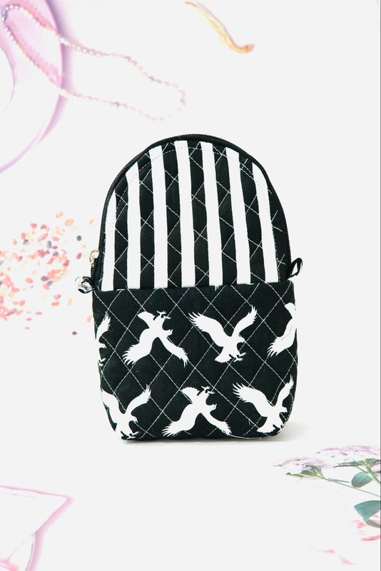 Quilted Standing Pouch - Birds &amp; Stripes in Black And White