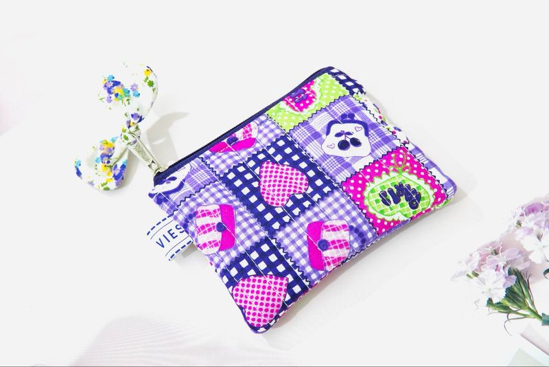 Patchwork Quilted Coin Purse With Cute Fabric Bow - Purple