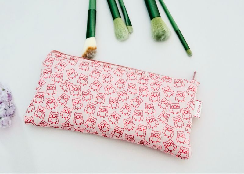 Cute Quilted Pencil Pouch - Pink Owl