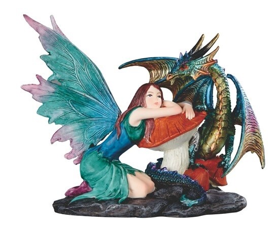 Fairy Green Leaning on Mushroom with Blue Dragon