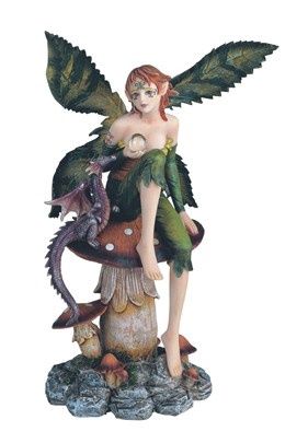 Fairy Green Sitting on Mushroom with Baby Dragon Purple