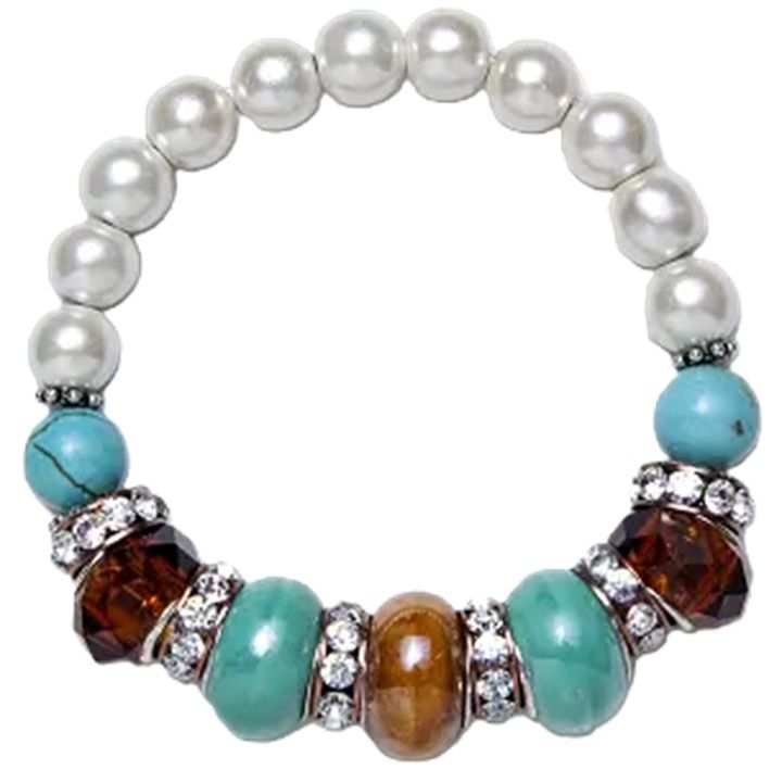 Turquoise with White, Glass Beads &amp; Crystal Magnetic Bracelet, Size: 7