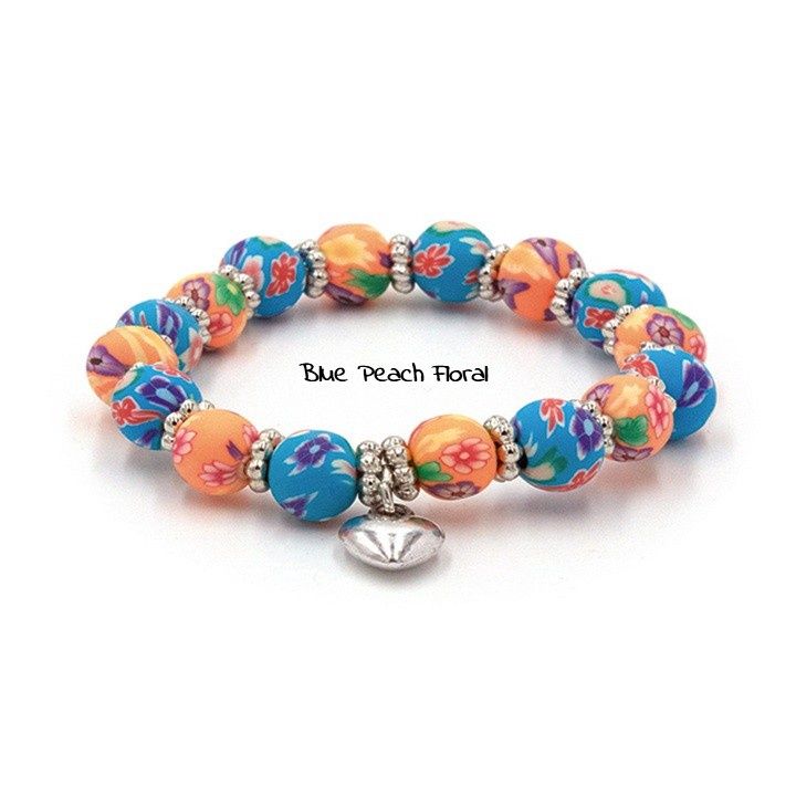 Handcrafted Clay Kids Bracelet, Color: Blue &amp; Peach Floral