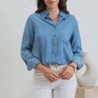 Long Tab Sleeve Chambray Button Up Top, Size: 1XL