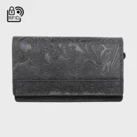 Leather Wallet with Floral Print - Black