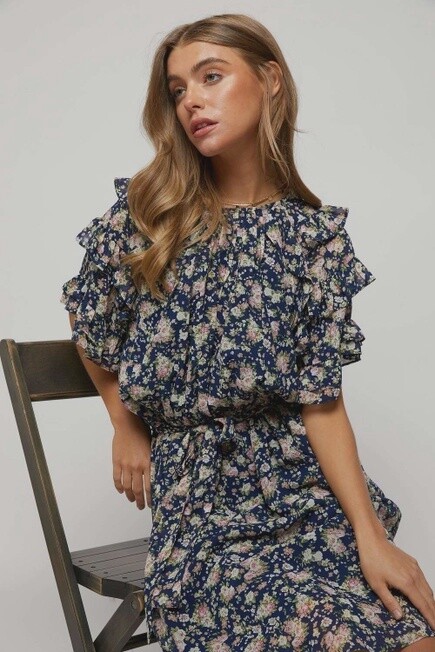 Navy Ruffled Sleeve Mini Dresss