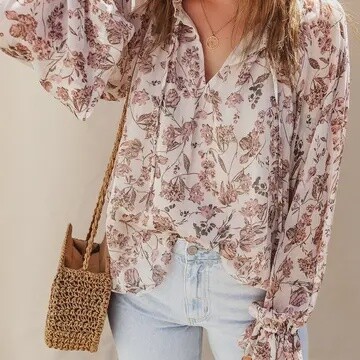 Boho Floral Print Split V Neck With Bubble Sleeves