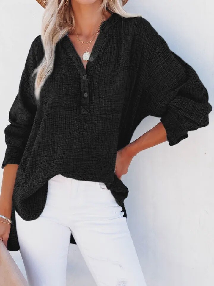 Crinkle Textured Loose Henley Top