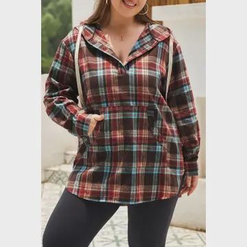Plaid Kangaroo Drawstring Hoodie