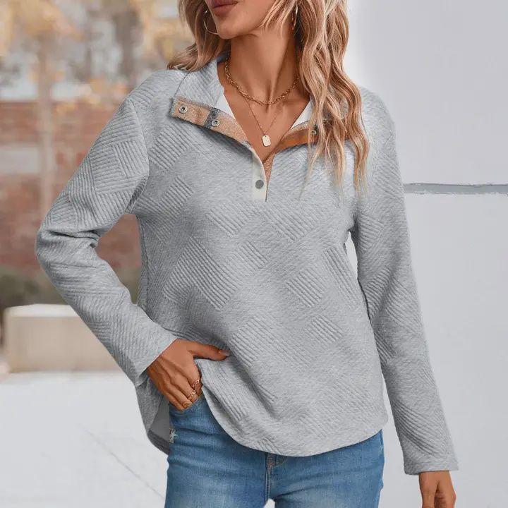 Half Button Long Sleeve Blouse - Grey
