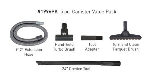 Sebo Canister Value Pack 1996PK Extension Hose, Handheld Turbo Brush, Parquet Brush, 24" Crevice Tool, 38mm to 1 1/4" Tool Adapter