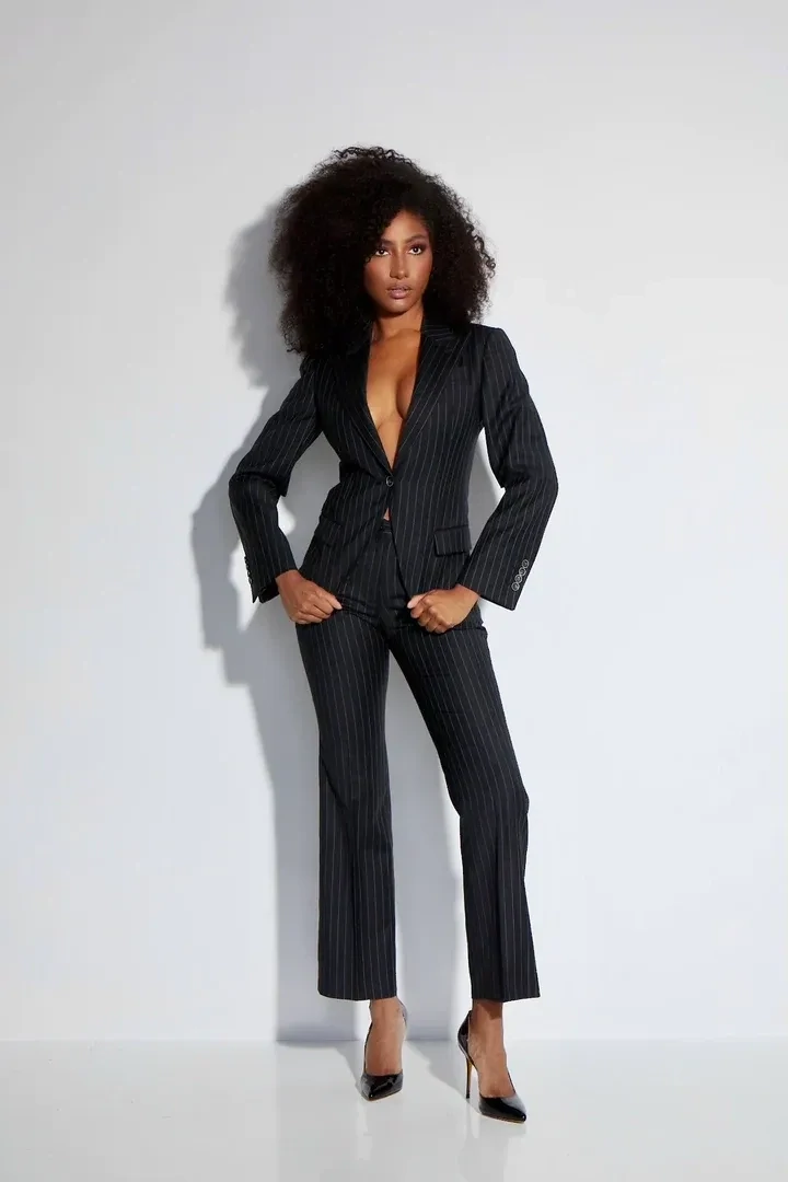 Single Breast Sharp Peak Lapel Pinstripe in Black with White Pinstripes + Slit Sleeves