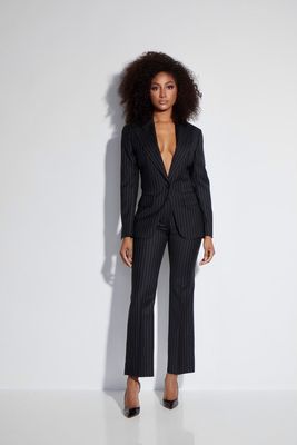 Single Breast Wide Peak Lapel Pinstripe in Black with White Pinstripes