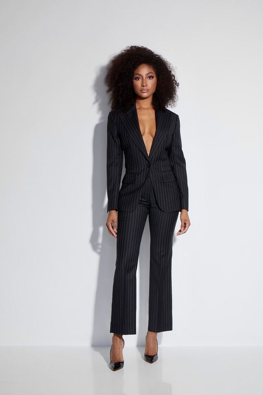 Single Breast Wide Peak Lapel Pinstripe in Black with White Pinstripes
