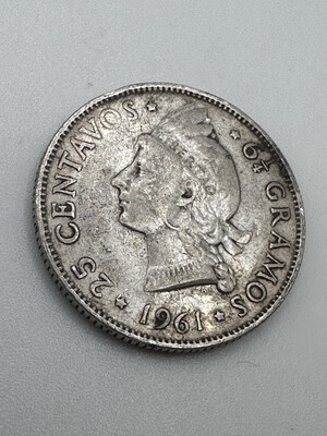 1961 Dominican Republic 90% Silver 25 centavos