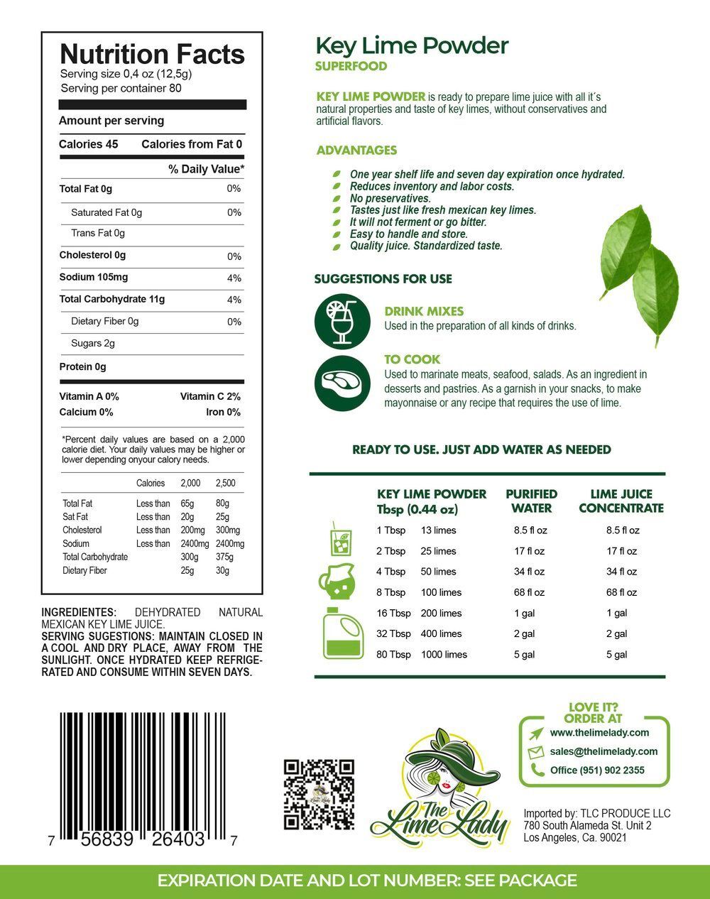 0.44 Lbs Dehydrated Key Lime Juice Powder The Lime Lady (Household size)