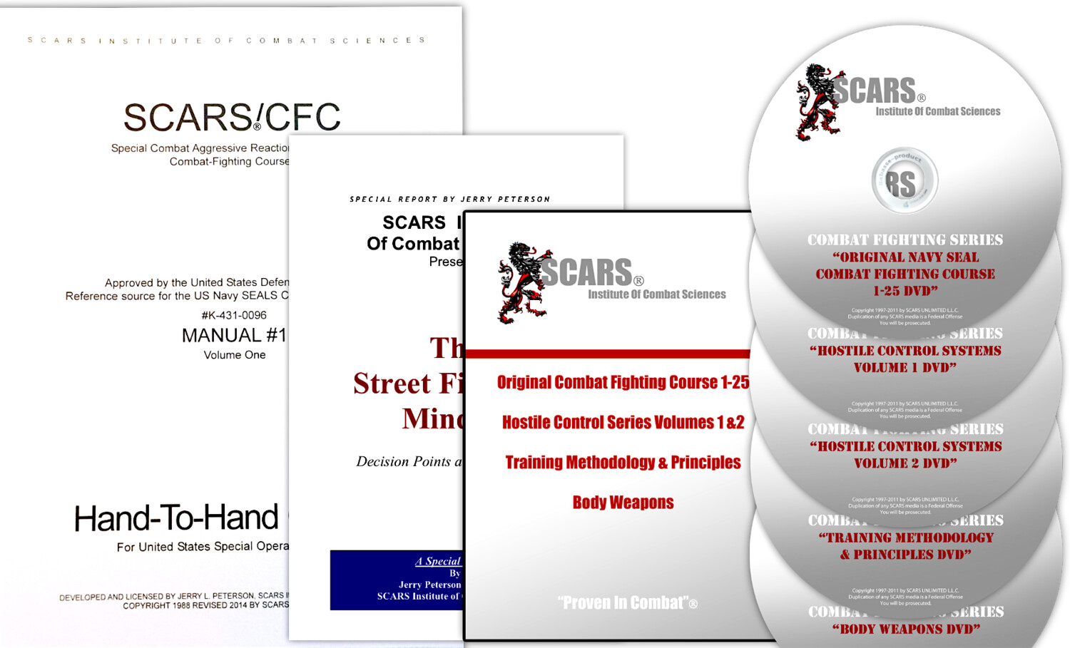 This is an image of the SCARS Combat fighting manual, street fighter's mindset and 5 dvd pack.