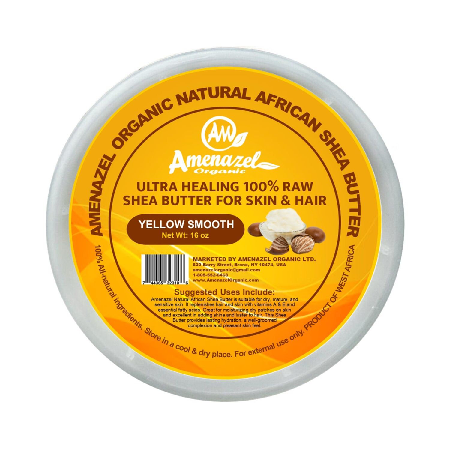 Amenazel Organic Ultra Healing 100% Raw Shea Butter for Skin &amp; Hair - Yellow Smooth (16oz)