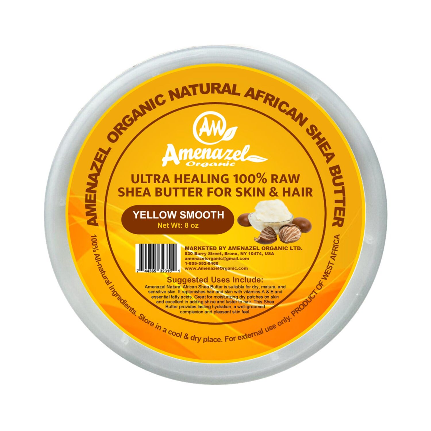 Amenazel Organic Ultra Healing 100% Raw Shea Butter for Skin &amp; Hair - Yellow Smooth (8oz)