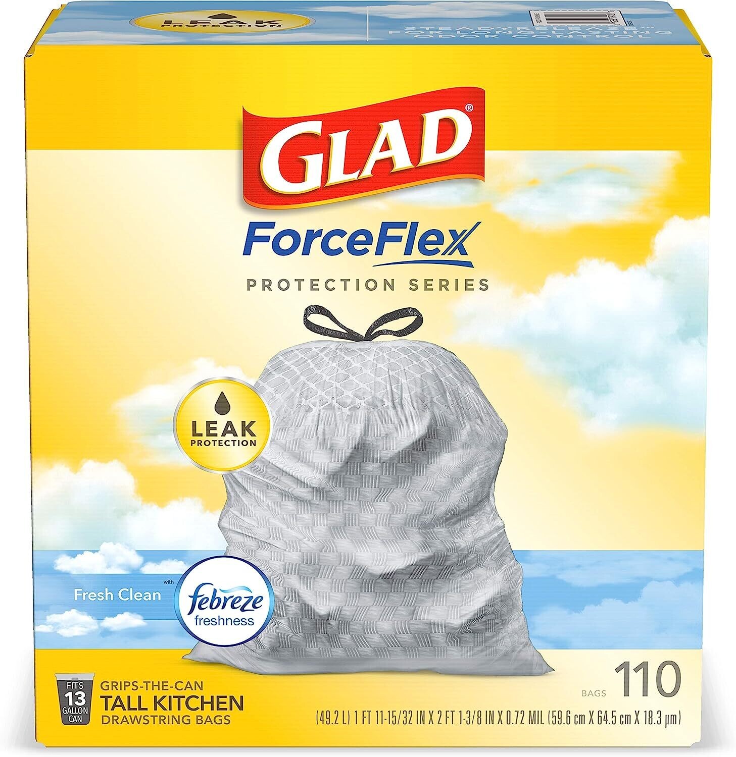 Glad ForceFlex Protection Series, Tall Kitchen Trash Bags, 13 Gal, Fresh Clean with Febreze, 110 Count