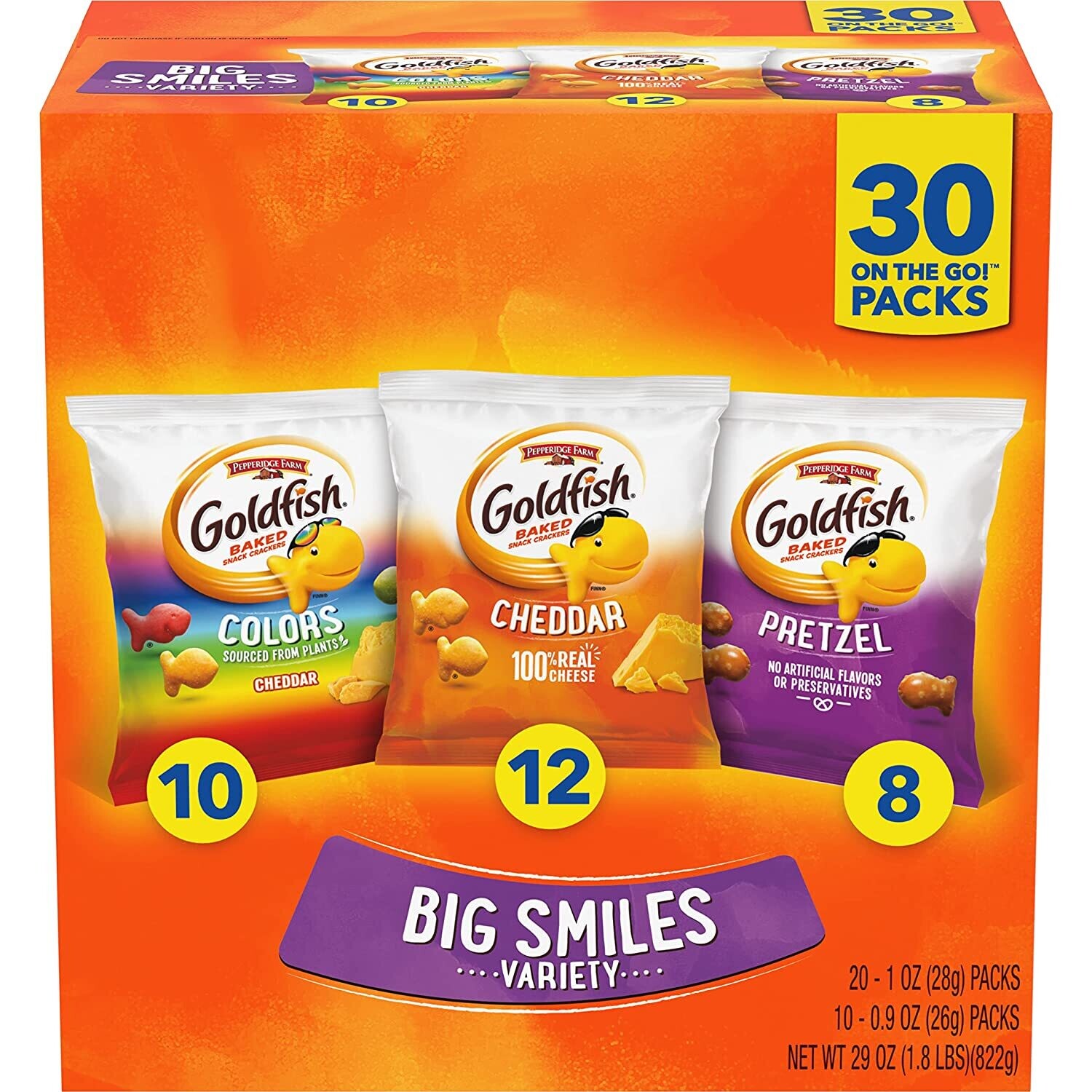 Goldfish Crackers Big Smiles Variety Pack with Cheddar, Colors, and Pretzels, Snack Packs, 30 Ct