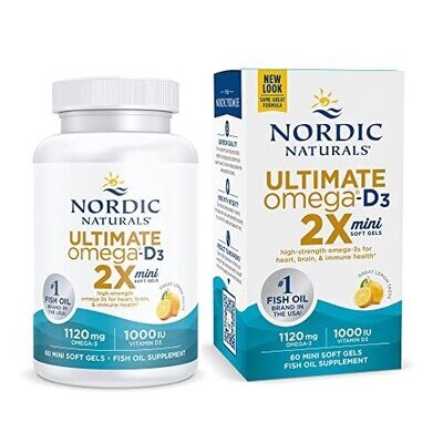 Nordic Naturals Ultimate Omega 2X Mini D3 Lemon Flavor - 60 Mini Soft Gels - 1120 mg Omega-3 + 1000 IU Vitamin D3 - Omega-3 Fish Oil - EPA & DHA - Promotes Brain & Heart Health - 30 Servings