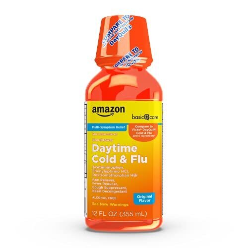 Amazon Basic Care Daytime Cold & Flu Liquid; Cold Care for Daytime Cold and Flu 12 Fluid Ounces
