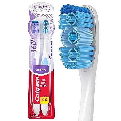 360 Extra Soft Toothbrush for Sensitive Teeth and Gums with Tongue and Cheek Cleaner - 2 Count