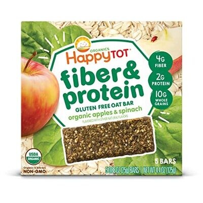 HAPPYTOT Organics Fiber & Protein Soft-Baked Oat Bars Organic Toddler Snack Apple & Spinach 5 Count