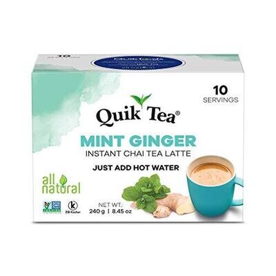 Quiktea Mint (Pudina) Ginger Chai Tea Latte - 10 Count Single Box - All Natural & Preservative Free Authentic Instant Chai Tea - Just Add Hot Water! (Regular)