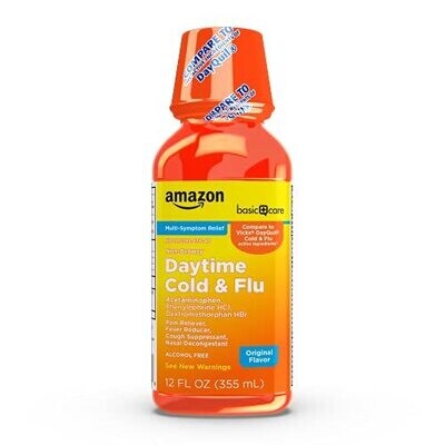 Amazon Basic Care Daytime Cold & Flu Liquid; Cold Care for Daytime Cold and Flu 12 Fluid Ounces